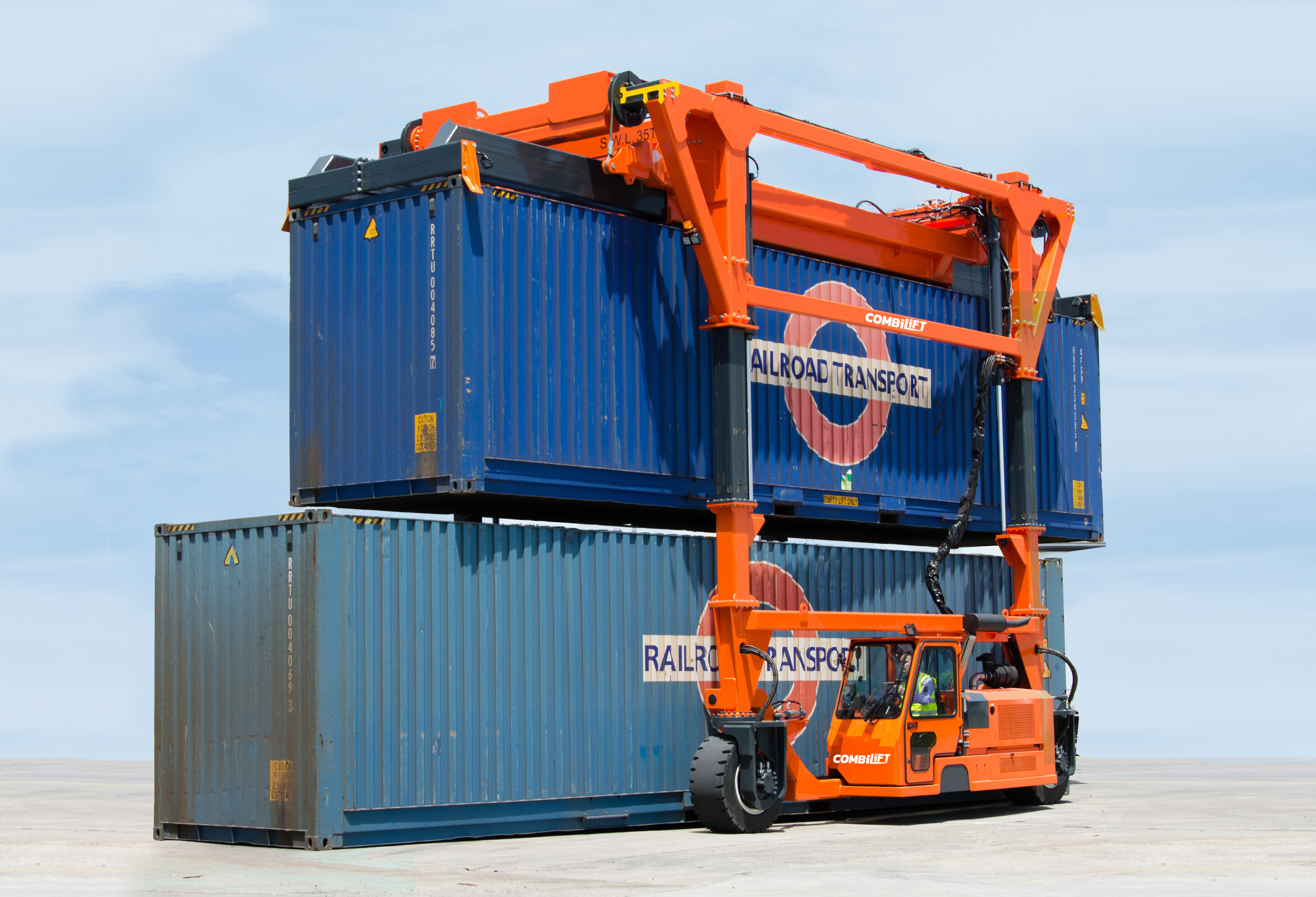 Combilift straddle carrier container handling double stacking